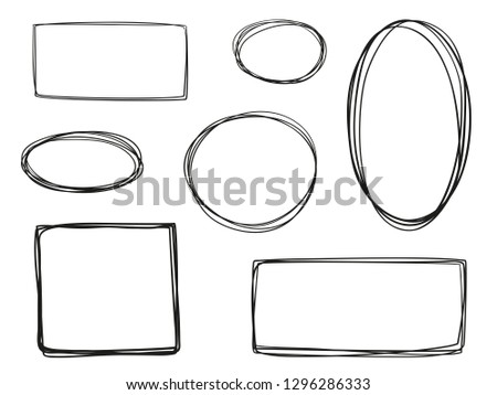 Hand drawn frames on white. Abstract frameworks. Line art. Set of different shapes. Black and white illustration. Doodles for artwork