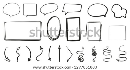 Hand drawn frames on white. Abstract frameworks. Line art. Set of different shapes and arrows. Black and white illustration. Sketchy doodles for artwork