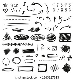 Hand Drawn Geometric Shapes On Isolated White Background. Abstract Symbols. Wavy Tangled Backdrops. Elements For Posters And Flyers. Black And White Illustration