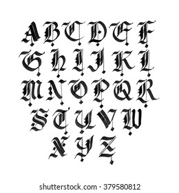 Hand drawn gothic ink pen font. Capital letters. Black ink isolated on white.