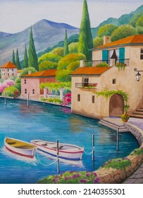 Hand Drawn Gouache Painting Of Beautiful Lakeside. Landscape Painting With Blue Water, Lake, Building, Houses, Village, Mountain, Trees, Pier, Boats, Reflection, Flowers And Sunny Sky For Print, Etc