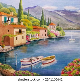 hand drawn gouache painting of beautiful lakeside town in Italy. landscape painting with buildings, house, water, lake, boats,pier or dock, trees, hills, flowers and cloudy blue sky for printing, etc