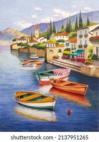 Hand Drawn Gouache Painting Of Lake Como Scenery. Landscape Painting With Water, Boats, Reflection,building, Hills, Trees, Pier, Dock,plants,beautiful Village,house And Bright Blue Sky For Print, Etc