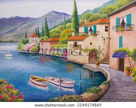 hand drawn gouache painting of lake como scenery. landscape painting with blue water, mountain or hills, building, pier, boats, street, trees, plants, beautiful Italian town and bright day for print