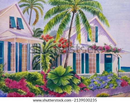 hand drawn gouache painting of summer house. landscape painting with building, windows, fence, palm tree, coconut tree, flowers, tropical plants, sea and sunny blue sky for illustration, print, etc