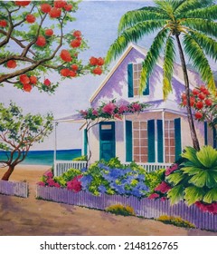 Hand Drawn Gouache Painting Of Tropical Cottage. Landscape Painting With House,palm Tree,street,tropical Plants, Beach,sea, Sand, Front Yard, Colorful Blooming Flower, Fence And Blue Sky For Print,etc