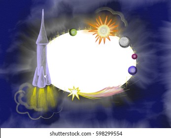 Hand drawn greeting card in space theme with spaceship and planets. Colorful illustration painted by pencil and watercolor for calligraphy text - Powered by Shutterstock