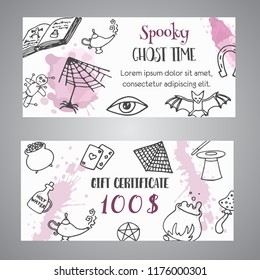 Hand drawn halloween banner free voucher template. Ghost time gift certificate. Spooky party invitation  - Powered by Shutterstock