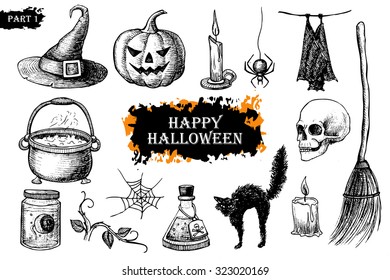 Hand Drawn Halloween Set. Vintage Illustration. Great For Party Invitation Cards And Other Decor
