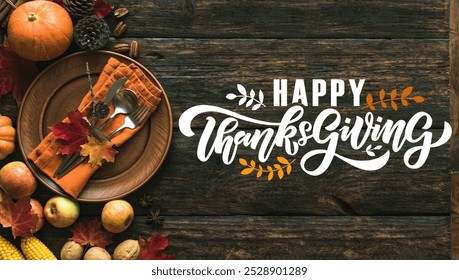 Hand drawn happy thanksgiving typography text poster. Party quote on a textured background for postcard, icon, logo and badge. Celebrate autumn vector text maple leaves font.Pumpkin. - Powered by Shutterstock