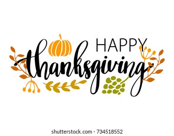 Hand drawn Happy Thanksgiving typography poster. Celebration text with harvest food and leaves for banner, postcard, icon or badge. Vintage style calligraphy lettering - Powered by Shutterstock