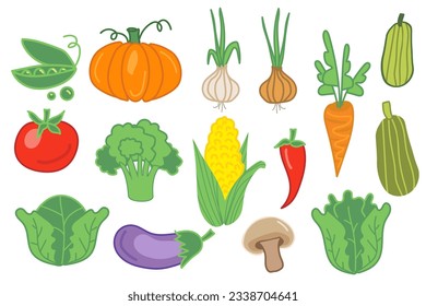 Hand drawn healthy vegitables set. Post card with fresh flat vegitables. Food illustration
