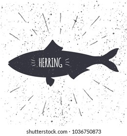 Hand Drawn Herring Icon Fish In Black And White Color With Textured Background. Design Element For Emblem, Menu, Logo, Label, Sign, Brand Mark