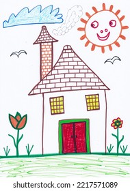 Hand Drawn House, Sun, Flowers And The Cloud On Paper. Hand Made Drawing For Kids.