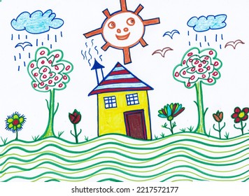 Hand Drawn House, Sun, Flowers, Trees, Grass, Birds And The Clouds On Paper. Hand Made Colorful Drawing For Kids.