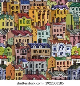 Hand Drawn Houses Seamless Pattern Cartoon Stock Illustration