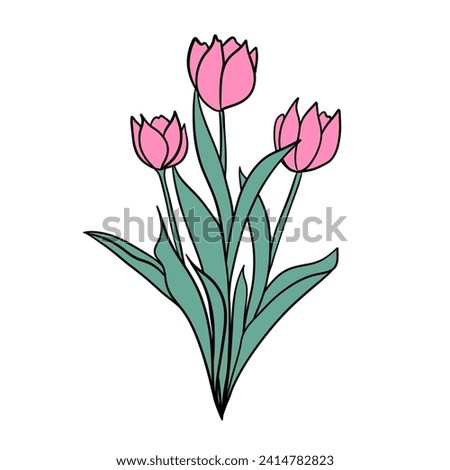 Hand drawn illsutration of two wild flowers rose tulip. Green leaves branch, pink flower floral petal blossom bloom. Spring summer elegant design. Three elegant flowers in bouquet, greeting print