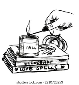 Hand Drawn Illsutration Of Witch Hand With Candle Witchcraft Books Love Spells. Black Line Monochrome Design In Ink Inking Shape Silhouette Outline, Minimalist Drawing Sketch.