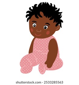 Hand drawn illustration of african american black cute baby girl in pink sitting. Birthday baby shower celebration poster, kids children nursery design in simple shapes colors, funny toddler childhood - Powered by Shutterstock