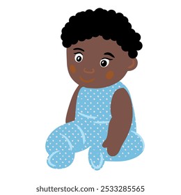 Hand drawn illustration of african american black cute baby boy in blue sitting. Birthday baby shower celebration poster, kids children nursery design in simple shapes colors, funny toddler childhood. - Powered by Shutterstock