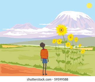 A Hand Drawn Illustration Of An African Boy Looking Up At A Sunflower With Mount Kilimanjaro In The Background