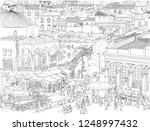 Hand drawn illustration. Athens, Greece aerial cityscape. People wander the busy, historic Monastiraki Square, a landmark public plaza in the center of the city.
