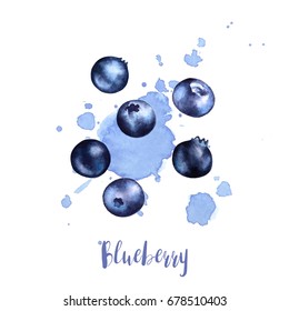 Hand Drawn Illustration Of Blueberry With Juice Splash. Watercolor Fruit Sketch.