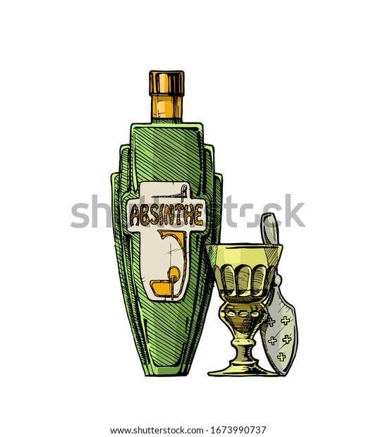 hand drawn illustration of bottle of\
Absinthe with absinthiana in ink hand drawn style.\
