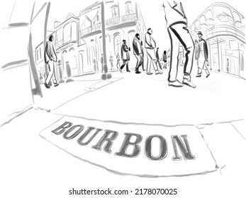 Hand Drawn Illustration. Bourbon Street Sign In The Foreground With People Walking In The French Quarter. Distorted Fisheye View.