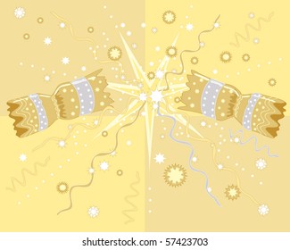 A Hand Drawn Illustration Of A Christmas Cracker Being Pulled Apart With Stars And Streamers On A Gold Background