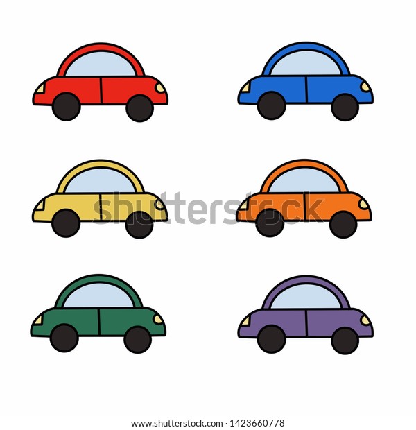 Hand drawn\
illustration  with colorful icons car. Red, blue, orange, green,\
violet, yellow cars. On white background. For baby print, pattern,\
, book, icon, web, notebook,\
poster.