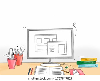 Hand Drawn Illustration Of A Computer Desk With Statinery And School Objects - Back To School From Home