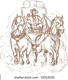 Hand Drawn Illustration Of A Cowboy Stagecoach Driver And Horses Front View Isolated On White.