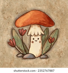 Hand drawn illustration cute fall autumn mushroom and face grass leaves flowers beige background  Hello autumn card forest wood nature design for kids children  kawaii art fly agaric print 