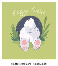 Hand drawn illustration with cute little baby rabbit butt in hole isolated on background. Good for happy easter lovely card, baby shower party print, birthday poster, tag, banner, sticker etc.