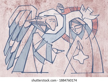 Hand Drawn Illustration Or Drawing Of Angel Gabriel And Virgin Mary At The Annunciation