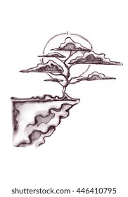 Hand Drawn Illustration Or Drawing Of A Bonsai Tree On A Cliff