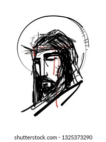 Hand drawn illustration or drawing of Jesus Christ Face at His Passion