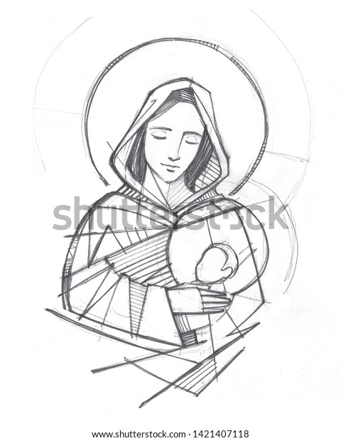 聖母マリアと赤ちゃんイエスの手描きのイラストまたは絵 のイラスト素材