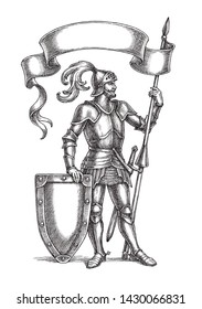 Hand Drawn  Illustration In The Engraving Style, Medieval Knight With A Flag And Shield.