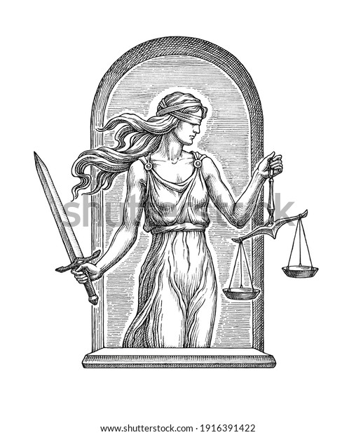 Hand drawn illustration\
in the engraving style, the goddess of justice Themis with a sword\
and libra .