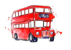 Hand Drawn Illustration With Famous London Symbol - Red Double Decker Bus. Watercolor And Ink Sketch With Splashes And Blots. Black Outline And Bright Colorful Stains Isolated On White Background