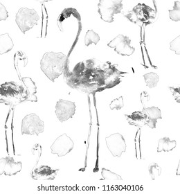 Hand Drawn Illustration With Flamingo And Dots. Tropical Summer Beach Motif. Swimwear Design, Wrapping, Background, Wallpaper, Fabric. Hawaiian Print. Jungle Birds Repeated Ornament. Africa.