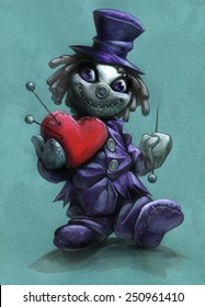 Hand drawn illustration and funny cute doll holding plush red heart   pins