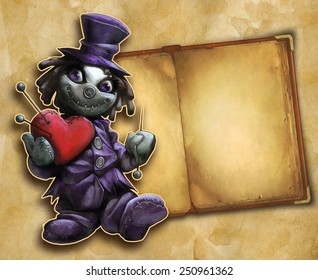 Hand drawn illustration and funny doll holding plush red heart   pins the paper textured background and an opened book