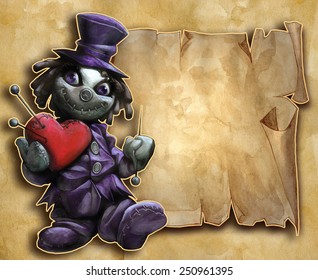 Hand drawn illustration and funny doll holding plush red heart   pins the paper textured background and an ancient scroll