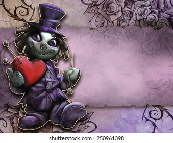 Hand drawn illustration and funny doll holding plush red heart   pins the paper textured background and roses