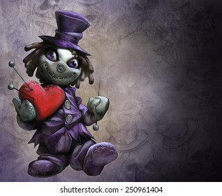 Hand drawn illustration and funny doll holding plush red heart   pins the paper textured background