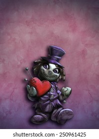 Hand drawn illustration and funny doll holding plush red heart   pins the paper textured velvet background 