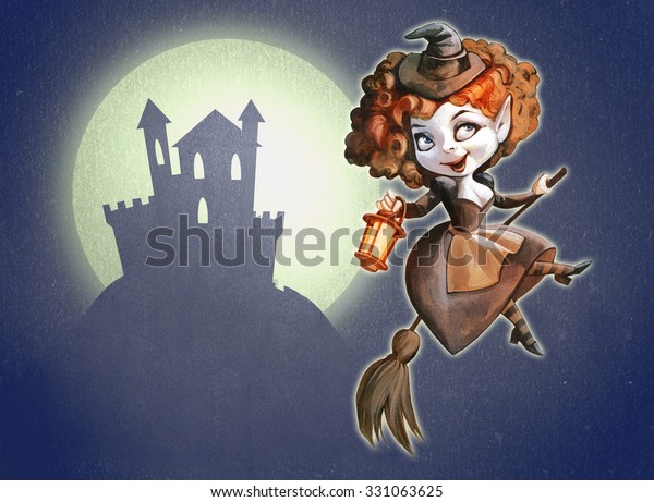 Hand drawn\
illustration of a funny halloween witch on a broomstick and vampire\
castle silhouette in the\
distance